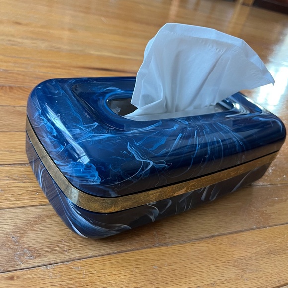 Vintage 90s Navy Blue Marbelled Plastic Tissue Box Cover - Picture 3 of 6